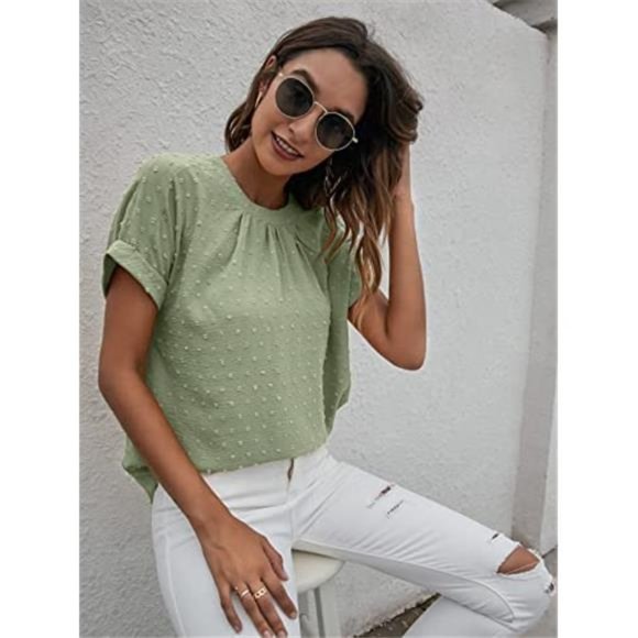 Women's Casual Swiss Dots Chiffon Ruffle Front Short Sleeve Work Office Blouse - Picture 5 of 6